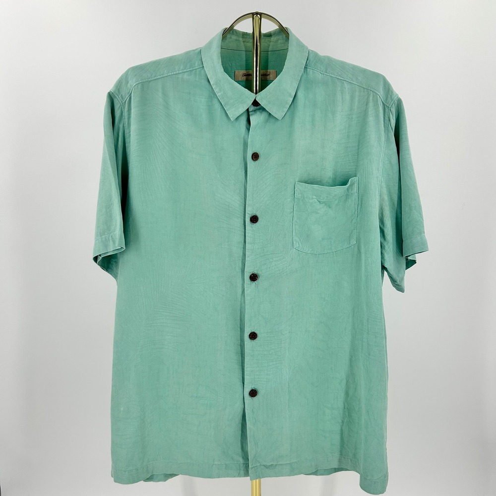Tommy Bahama Mens Large 100% Silk Short Sleeve Palm Jacquard Camp Shirt Green